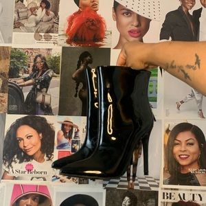 Black patent leather bootie, 4inch heel 6.5, worn once. Excellent condition.